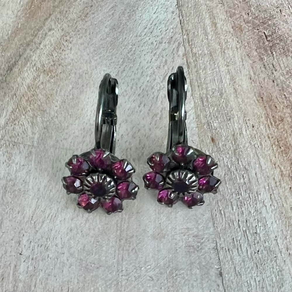 Vintage Floral Earrings with Purple Crystals